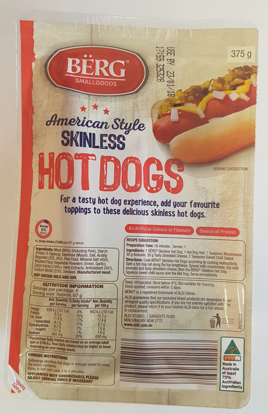 Aldi Stores — 'Berg Smallgoods' American Style Skinless Hot Dogs 375g